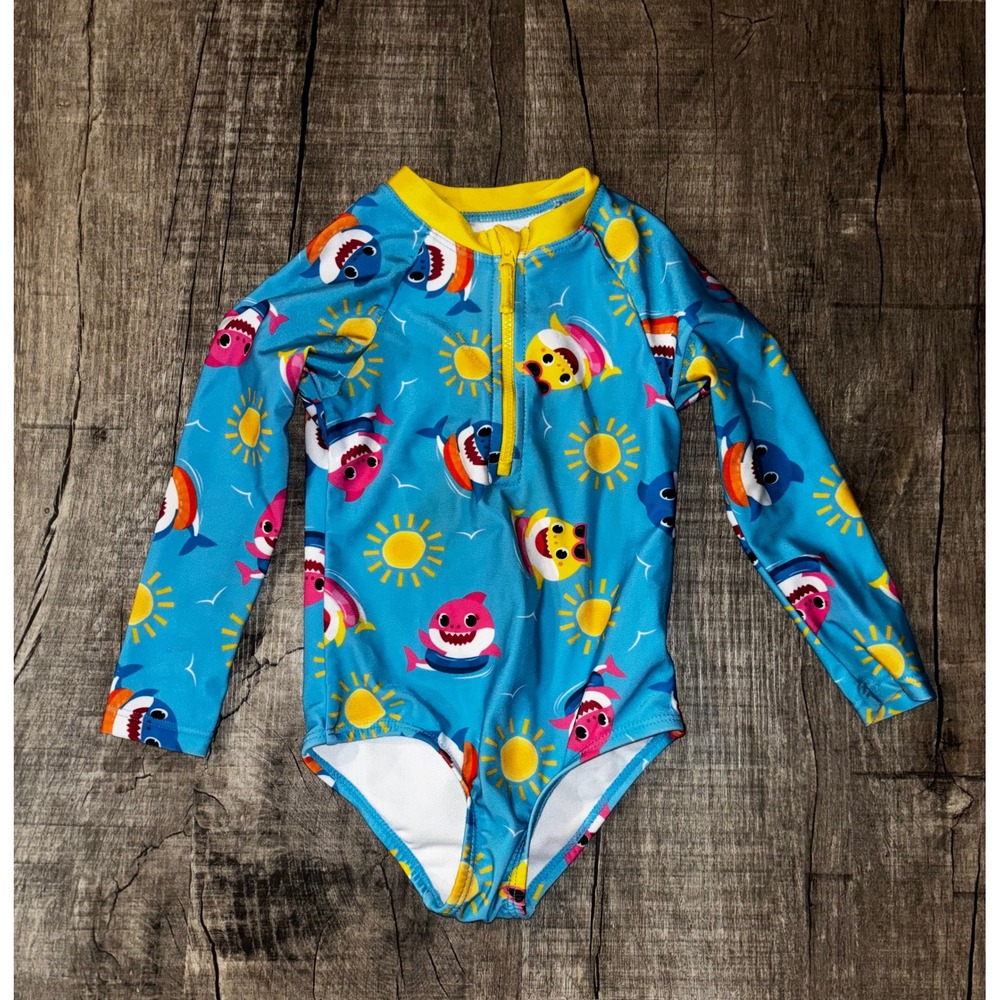 Pinkfong Baby Shark Long Sleeve One Piece Swimsuit Blue Yellow Toddler Size 2T